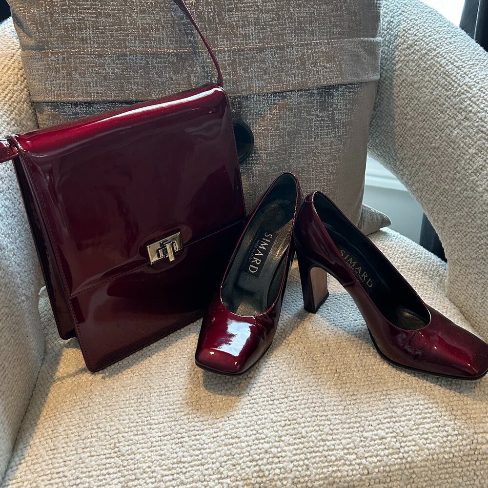 SIMARD Deep Cherry Red Patent Leather Heels & Matching Shoulder Bag SZ 36.5